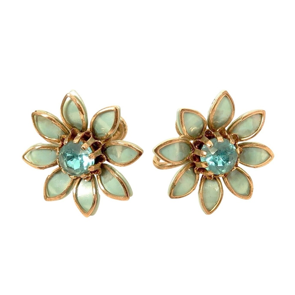 Vintage Blue Topaz Aqua Rhinestone Flower SB Silver Toned Earrings